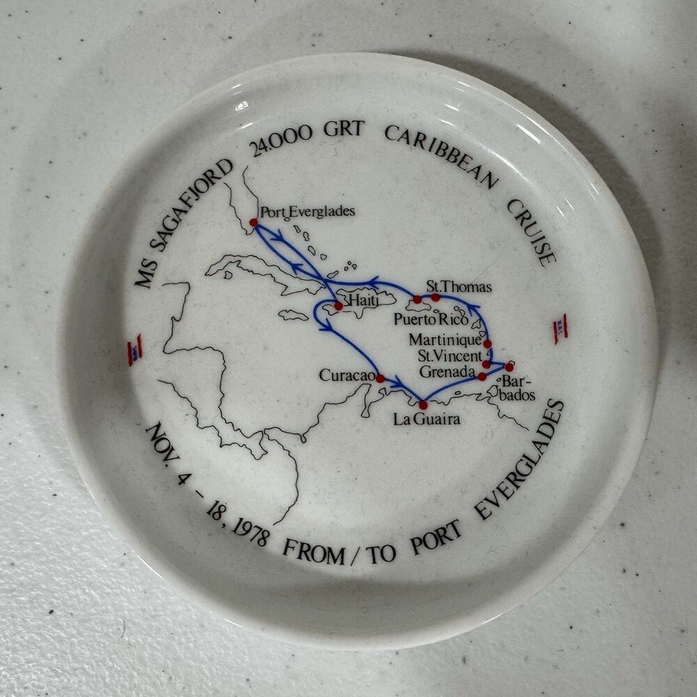 MS Sagafjord Caribbean Cruise Souvenir Dish Coaster 1978 Port
